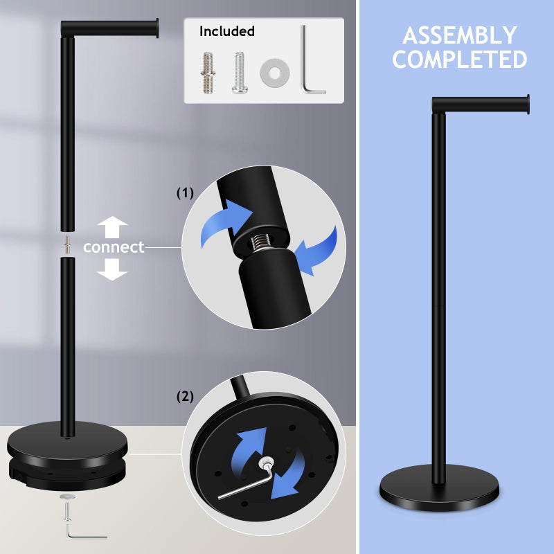 TACGEA Toilet Paper Holder Stand, Bathroom Toilet Paper Roll Holder Stainless Steel Free Standing, Storage for 4 Rolls of Paper, Matte Black - Image 4