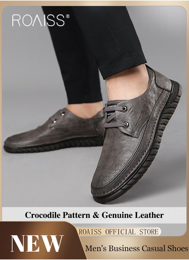 roaiss - Men Business Casual Shoes Genuine Leather Shoes with Crocodile Pattern Slip Resistant Soft Sole Lace Up Design - Image 1