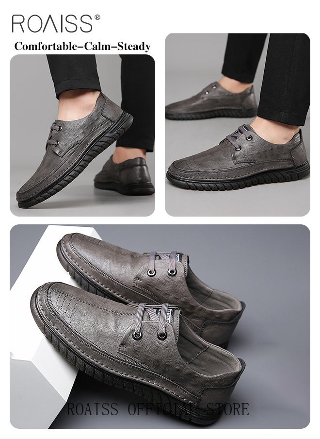 roaiss - Men Business Casual Shoes Genuine Leather Shoes with Crocodile Pattern Slip Resistant Soft Sole Lace Up Design - Image 1