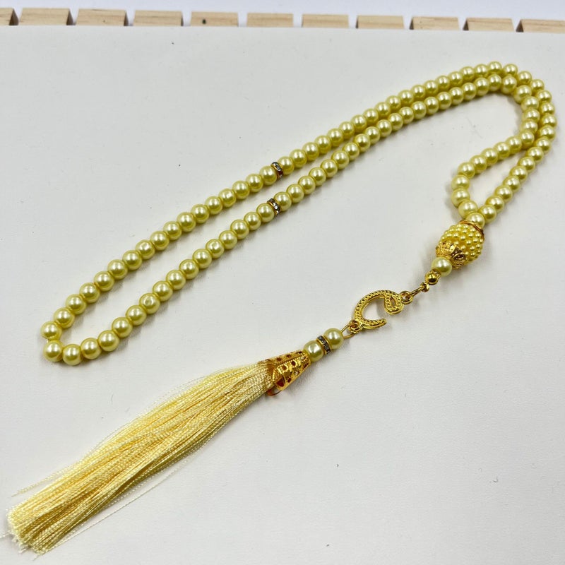99 Beads Glass Faux Pearl TASBIH Prayer Accessory Yellow 