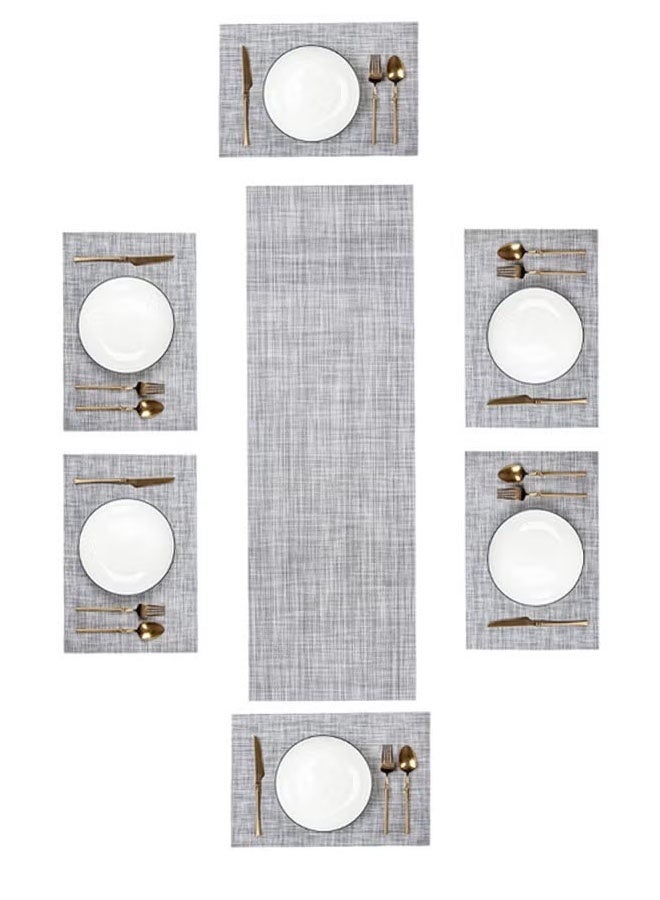 Ailily 7PCS Placemats with Table Runner Set, Non Slip and Washable, Woven Vinyl Table Mats and Runner, Dining Decor for Dining Table Heat Resistant Grey - Image 1