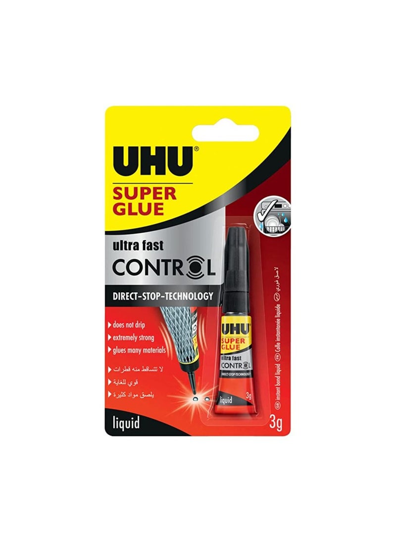 UHU - Uhu Super Glue Control Extra Fast And Strong Liquid Clean And Precise Application No Spill Mechanism Tube 3G Transparent - Image 1