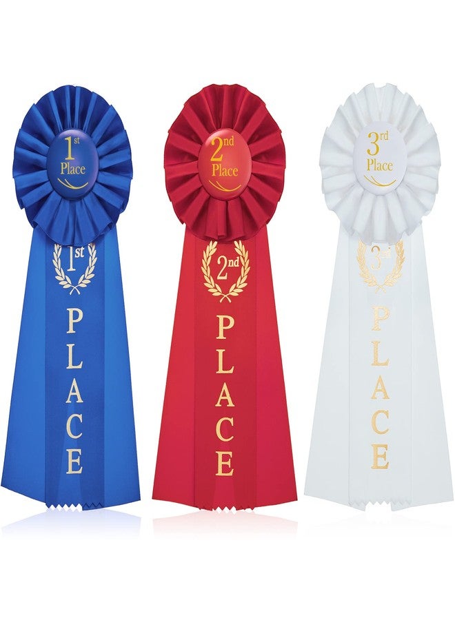 MTLEE Rosette Ribbon Set Award Ribbons 1st Place Prize Winner Grand 1st 2nd 3rd Place Ribbons for Swimming Gymnastics Track Prizes, 1st Blue, 2nd Red, 3rd White(3 Pieces) - Image 1