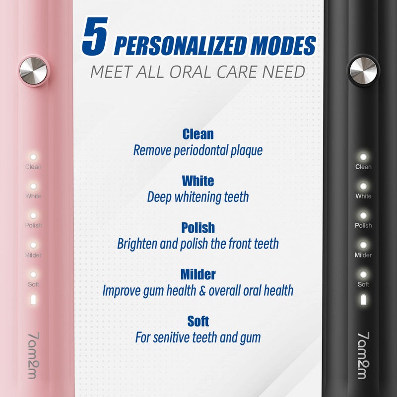 7AM2M Rechargeable Sonic Electric Toothbrush 2 Pack, Soft Toothbrushes for Adults and Kids with 12 Brush Heads, IPX7 One Charge Use for 90 Days, 5 Modes with 2 Minutes Build in Smart Timer - Image 2