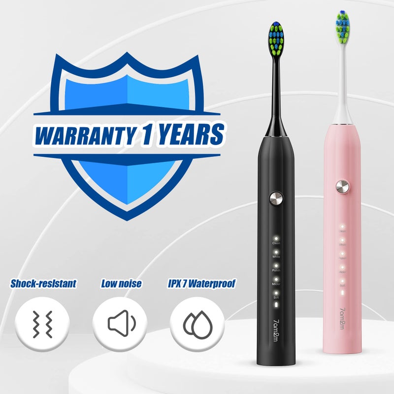 7AM2M Rechargeable Sonic Electric Toothbrush 2 Pack, Soft Toothbrushes for Adults and Kids with 12 Brush Heads, IPX7 One Charge Use for 90 Days, 5 Modes with 2 Minutes Build in Smart Timer - Image 5