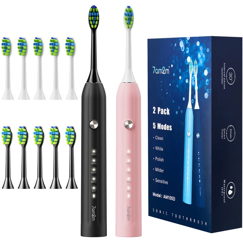 7AM2M Rechargeable Sonic Electric Toothbrush 2 Pack, Soft Toothbrushes for Adults and Kids with 12 Brush Heads, IPX7 One Charge Use for 90 Days, 5 Modes with 2 Minutes Build in Smart Timer - Image 1