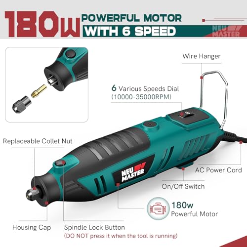 NEU MASTER 180W Rotary Tool Kit, Corded Power Rotary Tools with 160 Accessories and 6 Variable Speed, 10000-35000RPM Electric Drill Set for Handmade Crafting Projects and DIY Creations - Image 2