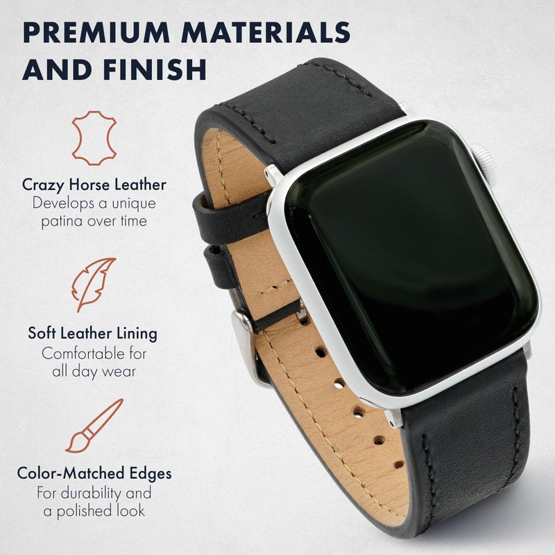 Benchmark Basics Benchmark Leather Watch Band Compatible for Apple Watch Band 41mm, 40mm, 38mm - Crazy Horse Leather Strap for iWatch Series 8 7 SE 6 5 4 3 2 1 (38mm/40mm/41mm, Black) - Image 2
