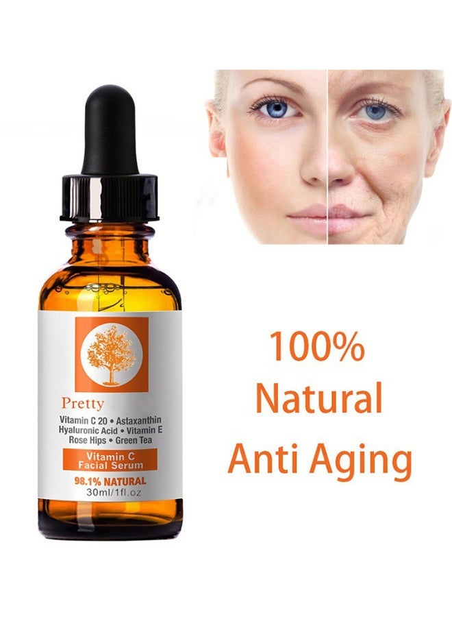 Pretty Vitamin C Facial Serum,Vitamin C 20% Facial Serum 30ml with Hyaluronic Acid, Astaxanthin & Vitamin E - Brightening, Anti-Aging, Hydrating & Skin Repair Serum for Face,Pack of 1 Clear 30ml - Image 1