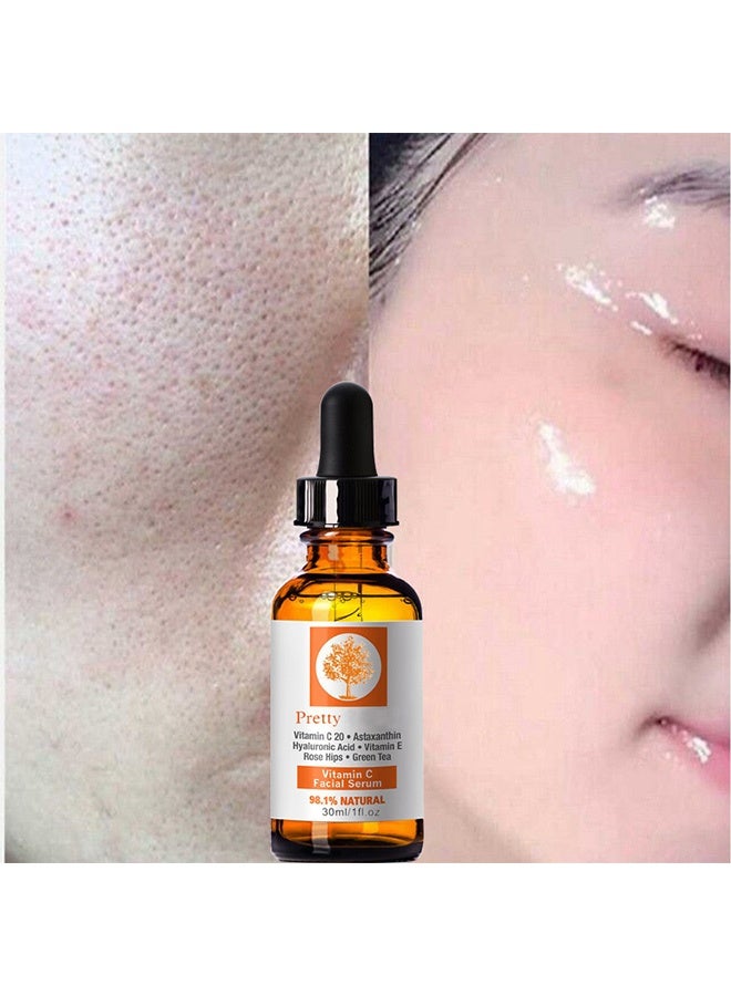 Pretty Vitamin C Facial Serum,Vitamin C 20% Facial Serum 30ml with Hyaluronic Acid, Astaxanthin & Vitamin E - Brightening, Anti-Aging, Hydrating & Skin Repair Serum for Face,Pack of 1 Clear 30ml - Image 3