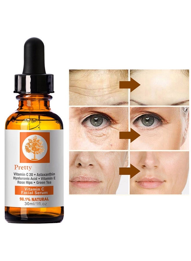 Pretty Vitamin C Facial Serum,Vitamin C 20% Facial Serum 30ml with Hyaluronic Acid, Astaxanthin & Vitamin E - Brightening, Anti-Aging, Hydrating & Skin Repair Serum for Face,Pack of 1 Clear 30ml - Image 4