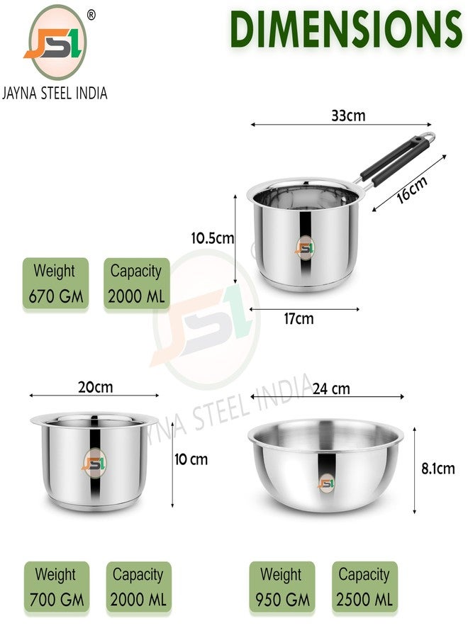 JSI Stainless Steel Cookware Set for Kitchen, 3 Pcs Set: Milk Tope 2000ml, Saucepan Tea Pot 2000ml & Tasla/Kadhai 2500ml, TRIPLY Base - Heavy Induction Bottom Cookware - Ideal for Cooking/Boiling - Image 4