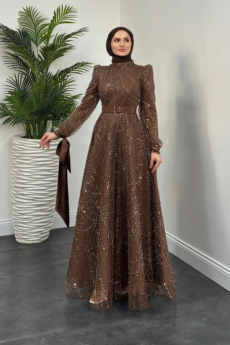 Merven Akyüz Vittoria Sleeve Bow Beaded Evening Dress Brown  - Image 2