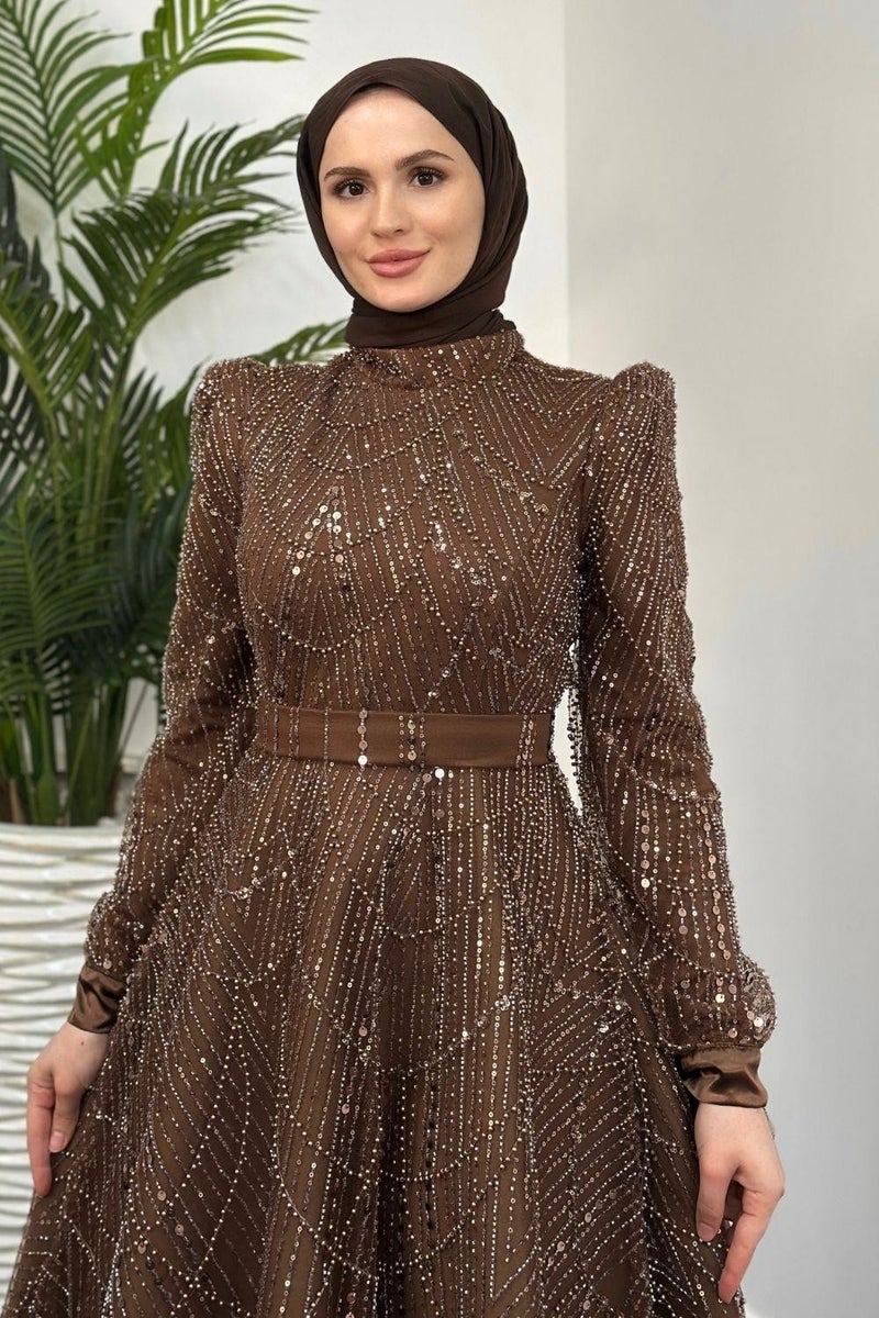 Merven Akyüz Vittoria Sleeve Bow Beaded Evening Dress Brown  - Image 4