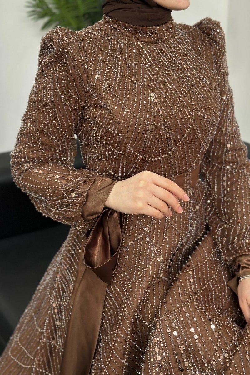 Merven Akyüz Vittoria Sleeve Bow Beaded Evening Dress Brown  - Image 5
