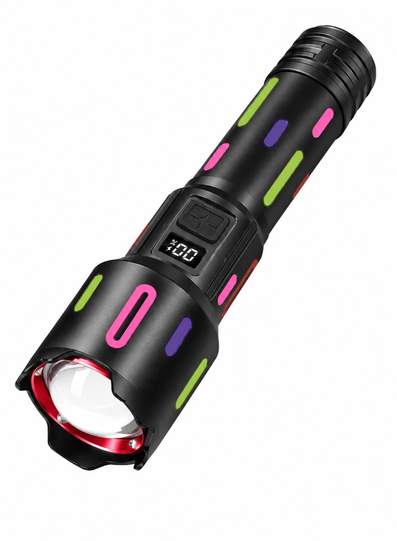 Rechargeable Aluminum Alloy LED Flashlight with Digital Power Display Type C Charging 26650 Battery Zoom Focus and Fluorescent Glow Strips