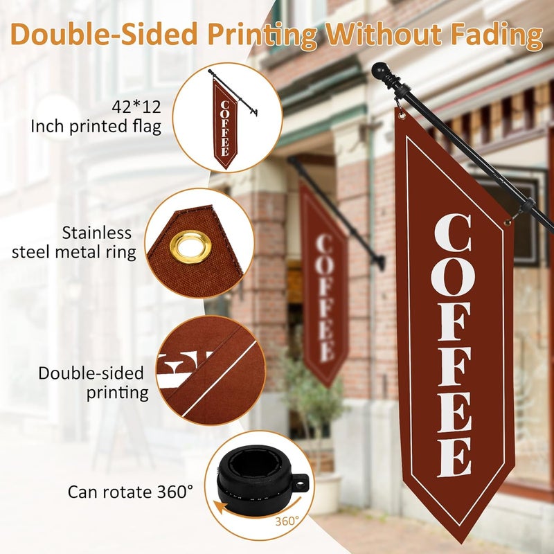 yeload Outdoor Coffee Flag with Pole Kit – 42x12 Inch Double-Sided Heavy-Duty Canvas Banner – Business Storefront Sign with Metal Bracket for Café, Shop, or Restaurant Use - Image 3