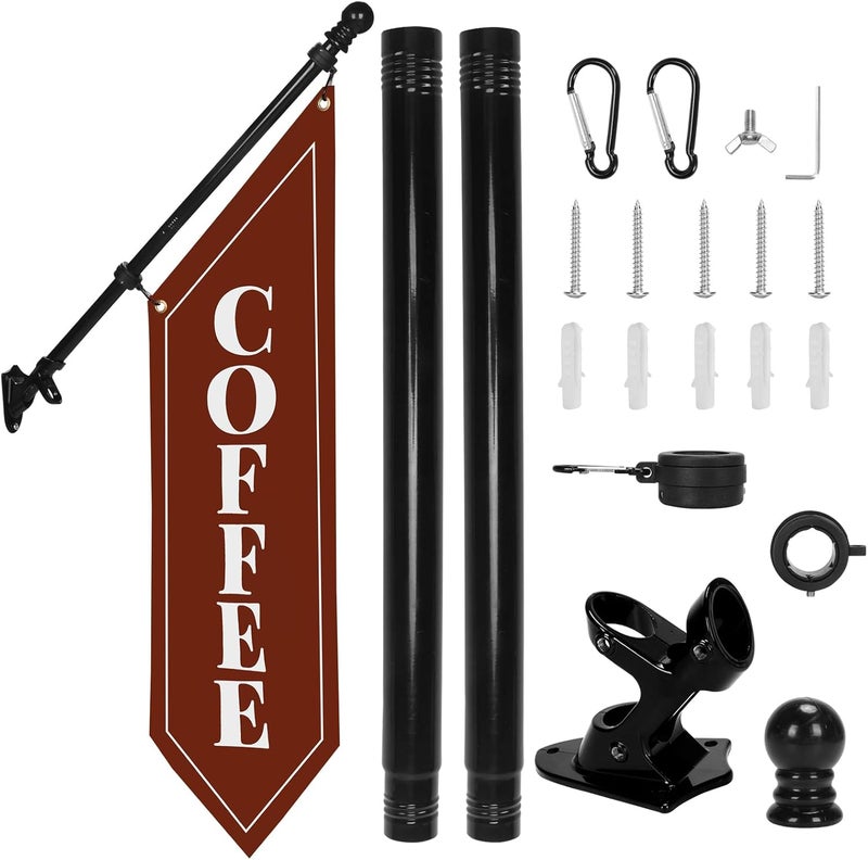 yeload Outdoor Coffee Flag with Pole Kit – 42x12 Inch Double-Sided Heavy-Duty Canvas Banner – Business Storefront Sign with Metal Bracket for Café, Shop, or Restaurant Use - Image 1