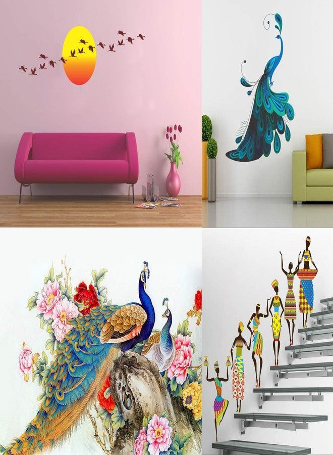 Walltech Vinyl Royal Peacock-(50 x 60 cms) | Modern Peacock-(90 x 75 cms) | Sunrise with Flying Bird-(48 x 179 cms) | Tribal Lady-(180 x 60 cms) - Combo of 4 Wall Sticker - Image 1