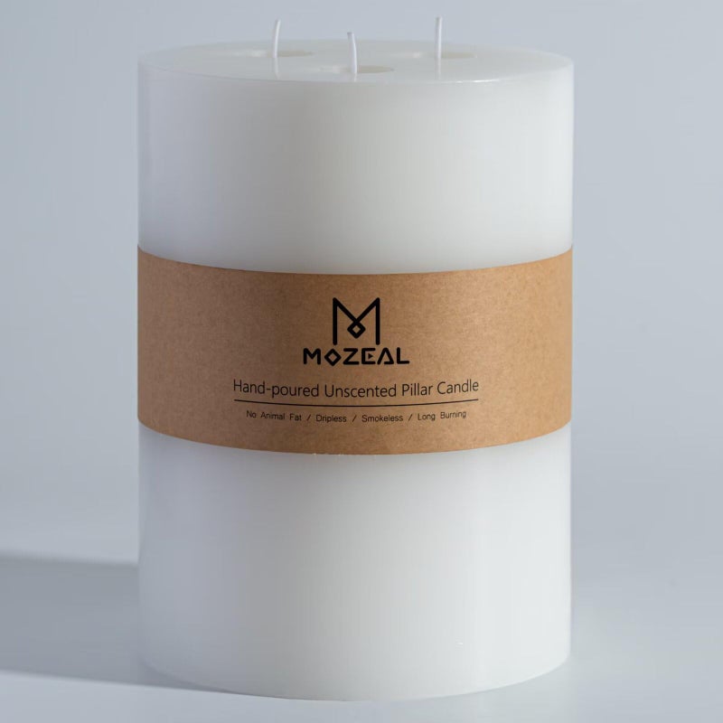 MOZEAL Extra Large 3 Wick White Pillar Candle 6 x 6 Unscented Dripless Smokeless and CleanBurning Approx 160 Hours of Burn Time Perfect for Weddings Dinners Christmas and Home Decor