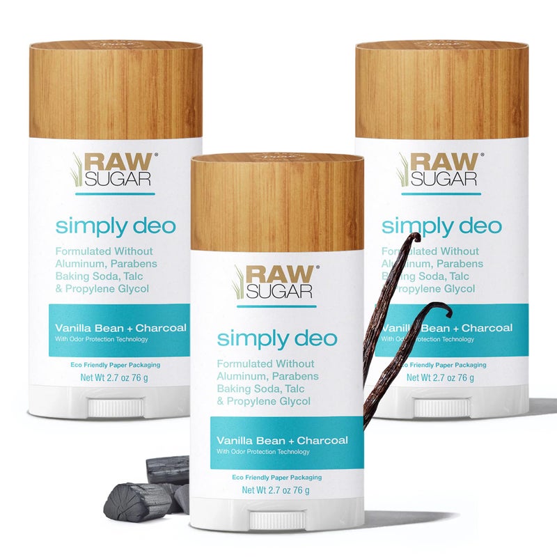 RAW SUGAR Aluminum Free Deodorant Stick Simply Deo Bundle Pack of 3 Whole Body Deodorant for Women  Men Clean Formulated without Baking Soda Talc  Parabens Vanilla Bean  Charcoal Scent