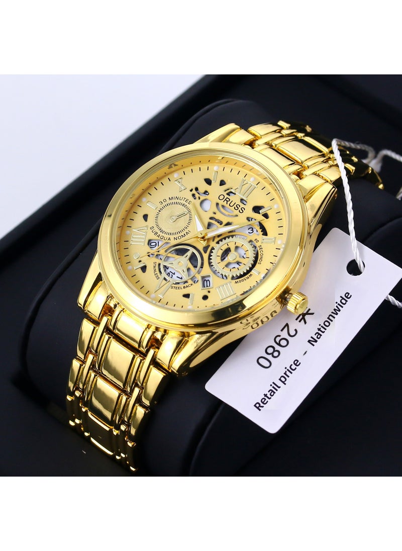 Generic Mens Waterproof Quartz Watch with Steel Band Bright all gold men's 