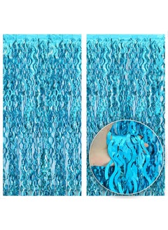 KATCHON KatchOn, XtraLarge, Wavy Blue Foil Fringe Curtain - 3.2x6.5 Feet, Pack of 2 | Blue Water Beach Backdrop for Beach Party Decorations | Under The Sea Party Decorations | Summer Pool Party Decorations  - Image 1