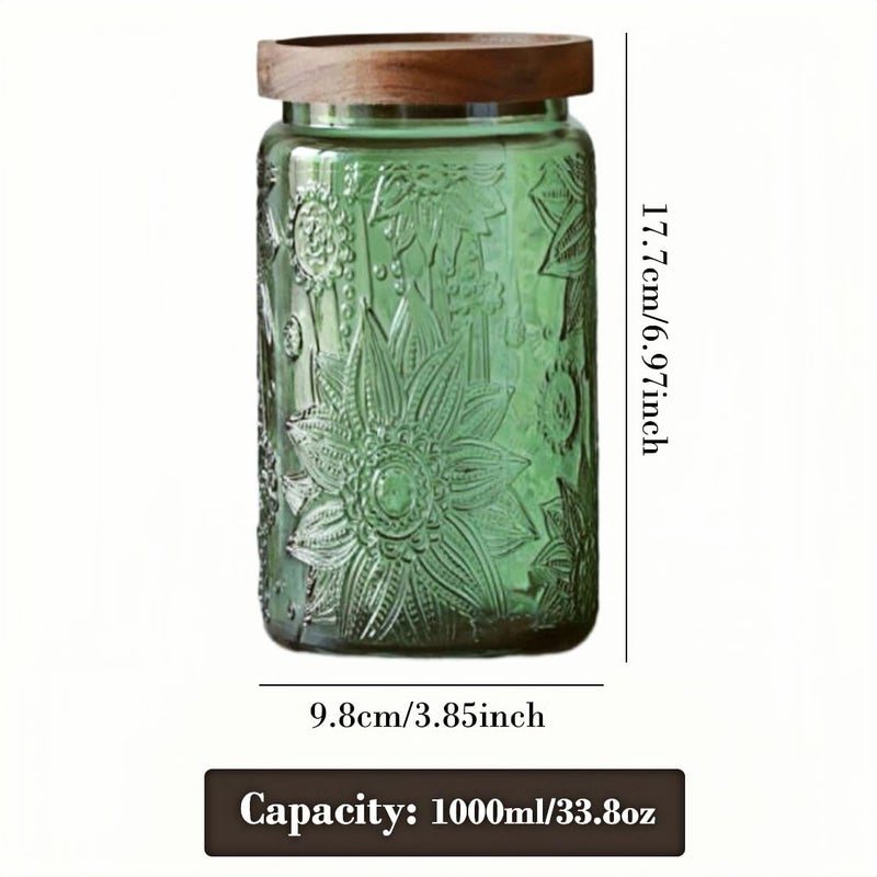 ANSQU Vintage Glass Storage Jar with Solid Wood Lid - Sunflower Design Kitchen Canister for Coffee, Candy, Laundry Detergent - Cute Food Storage Jar (Green, 34 Ounces) - Image 2