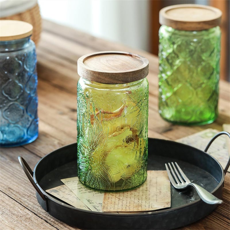 ANSQU Vintage Glass Storage Jar with Solid Wood Lid - Sunflower Design Kitchen Canister for Coffee, Candy, Laundry Detergent - Cute Food Storage Jar (Green, 34 Ounces) - Image 4