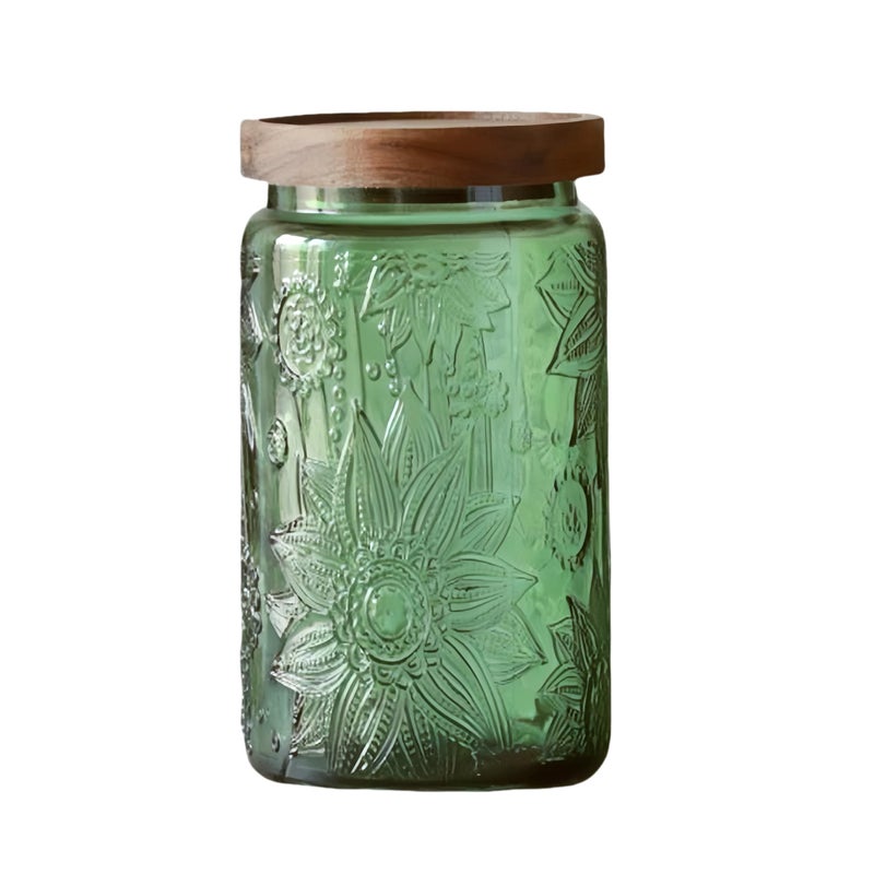 ANSQU Vintage Glass Storage Jar with Solid Wood Lid - Sunflower Design Kitchen Canister for Coffee, Candy, Laundry Detergent - Cute Food Storage Jar (Green, 34 Ounces) - Image 1