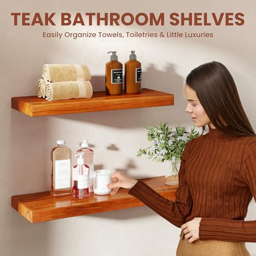 Realgulf 24 Inch Teak Floating Shelves Set of 2 - Solid Natural Wood Wall Mounted Shelves with Invisible Brackets - Heavy Duty Waterproof Storage for Bathroom, Kitchen, Living Room & Outdoor - Image 5