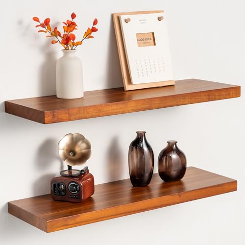 Realgulf 24 Inch Teak Floating Shelves Set of 2 - Solid Natural Wood Wall Mounted Shelves with Invisible Brackets - Heavy Duty Waterproof Storage for Bathroom, Kitchen, Living Room & Outdoor - Image 1