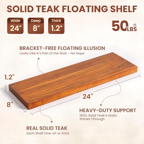 Realgulf 24 Inch Teak Floating Shelves Set of 2 - Solid Natural Wood Wall Mounted Shelves with Invisible Brackets - Heavy Duty Waterproof Storage for Bathroom, Kitchen, Living Room & Outdoor - Image 2