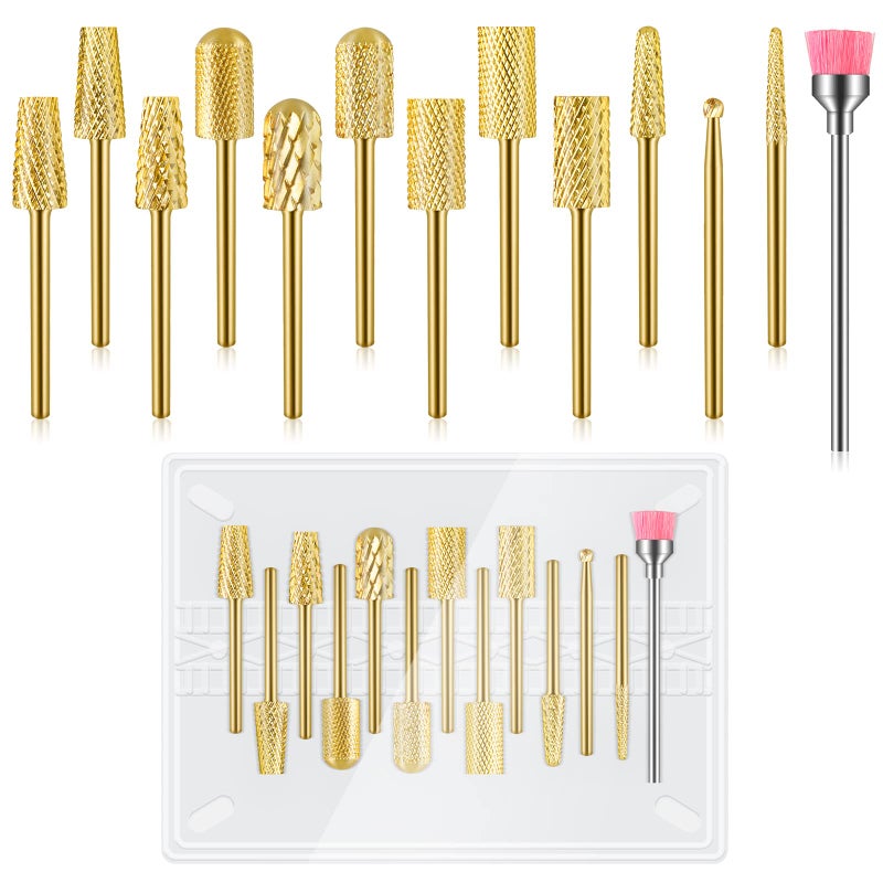Depvko Depvko 13Pcs Nail Drill Bits Set Tungsten Carbide Drill Bits for Nails Cuticle Nail Drill Bits for Acrylic Nails Remover Bits for Manicure Pedicure Home Salon Gold