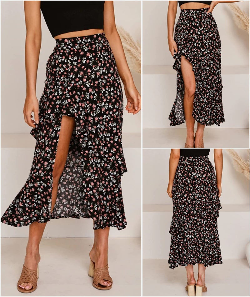 BTFBM Women 2025 Summer Spring Boho Long Skirts Dress Floral Print Elastic Waist Split Ruffle High Low Beach Maxi Skirt(Z-Black, Small) - Image 5