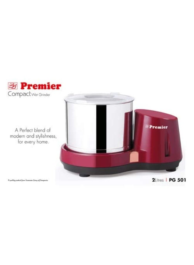 Premier Compact Wet Grinder Pg 501 2ltr 200 Watts Gear Driven 230v - Maroon | Gear-Driven Motor, Space-Saving Compact Design, Stylish Maroon Finish, Durable Stainless Steel Drum - Image 3
