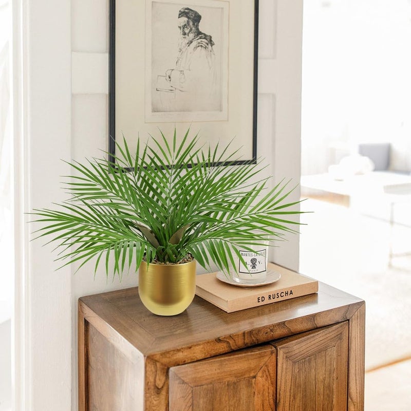 Briful Fake Plant 15.7’’ Artificial Palm Plant in Gold Pot Real Touch Faux Tropical Palm Tree Houseplant for Home Indoor Living Room Tabletop Balcony Decorations - Image 2