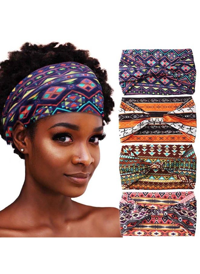 Aceorna African Headbands Boho Knotted Hairbands Stretch Wide Head Wraps Elastic Yoga Turban Hair Scarfs Workout Printed Hair Accessories for Women Pack of 4 (Style E) - Image 1