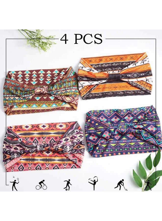 Aceorna African Headbands Boho Knotted Hairbands Stretch Wide Head Wraps Elastic Yoga Turban Hair Scarfs Workout Printed Hair Accessories for Women Pack of 4 (Style E) - Image 2