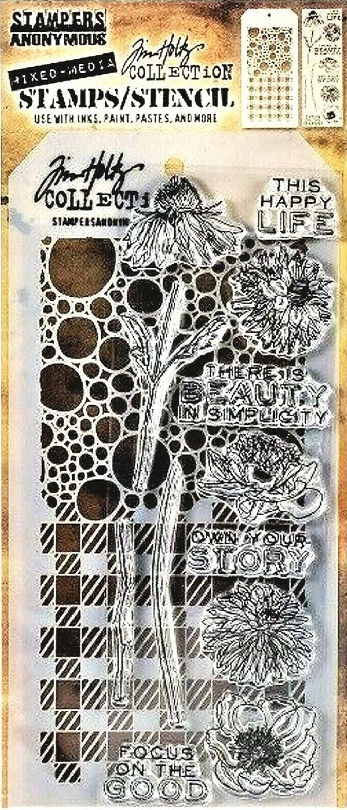 Tim Holtz Collection Stampers Anonymous Tim Holtz Bubbles Plaid Gingham Flowers Beauty Mixed Media Stamp and Stencil Set THMM124