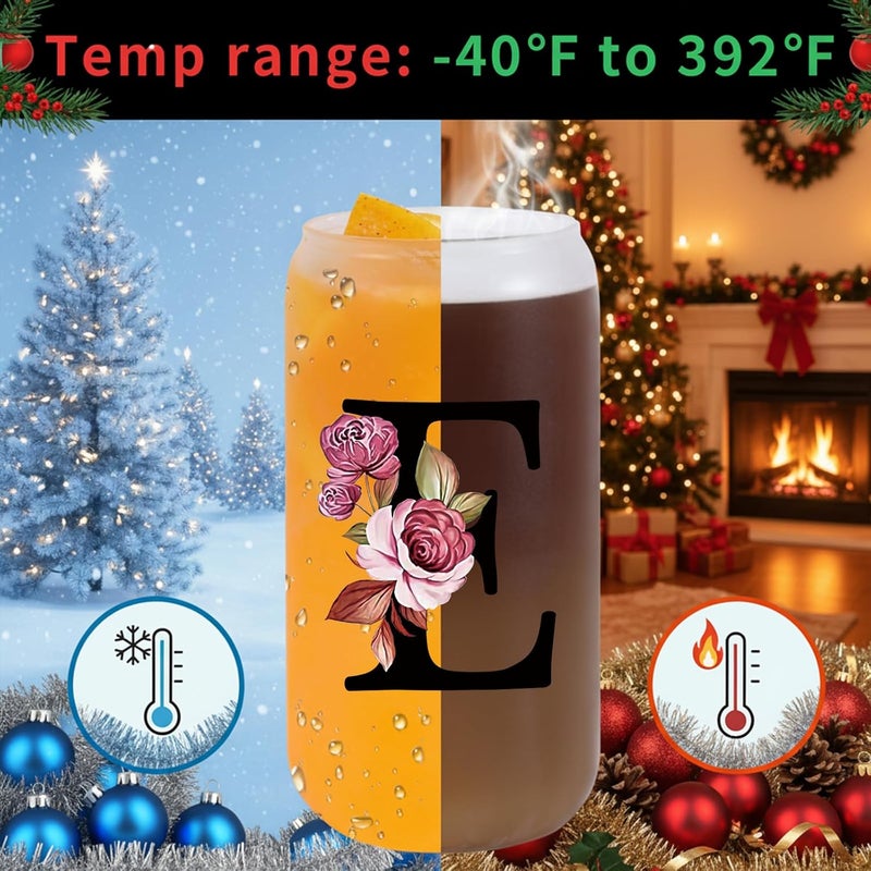 Wulcea Monogrammed Glass Drinking Cup With Lid Straw Best Female Friend Happy Birthday Ideal Close Women Bf Stuff Bestie Soul Sister Ever Long Distance Personalized Unique Cute Christmas Xmas Gift Present,E - Image 3