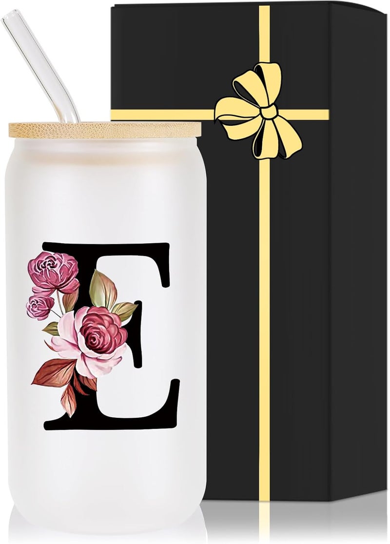 Wulcea Monogrammed Glass Drinking Cup With Lid Straw Best Female Friend Happy Birthday Ideal Close Women Bf Stuff Bestie Soul Sister Ever Long Distance Personalized Unique Cute Christmas Xmas Gift Present,E - Image 1