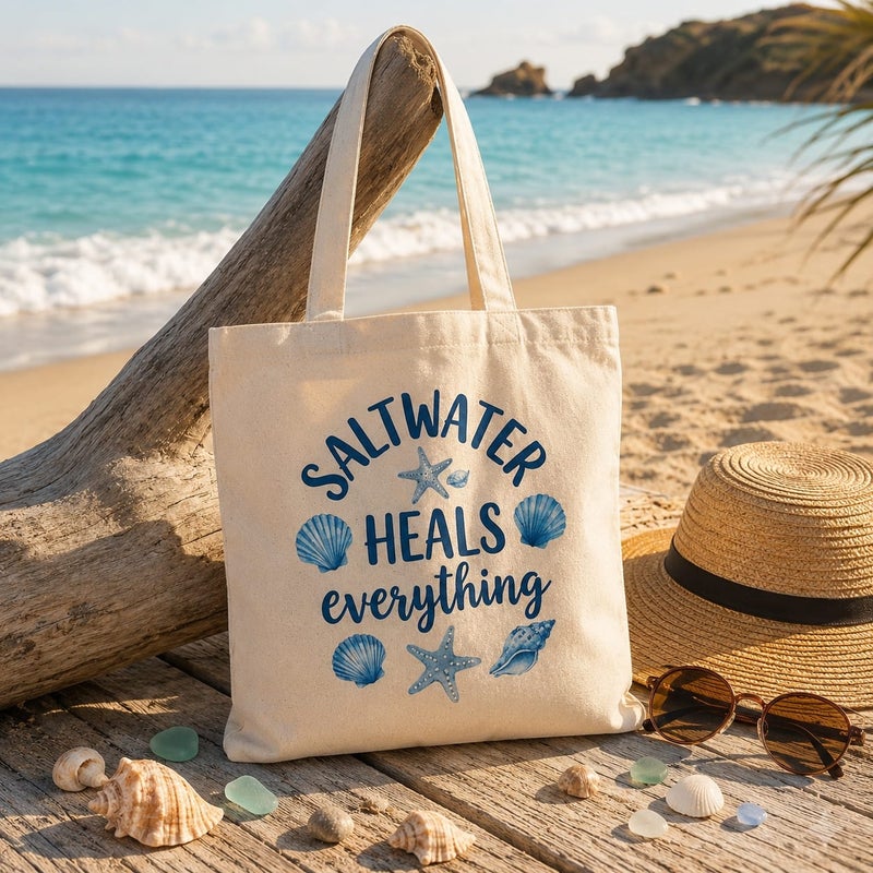 شنطة قماش كانفاس حريمي بطبعة "Saltwater Heals Everything" كحلي بالأصداف، حقيبة صديقة للبيئة قابلة لإعادة الاستخدام للبحر والاستخدام اليومي، مقاس كبير 30×40 سم - Image 2