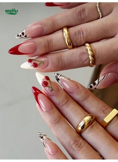 24pcs اللوز مطبعة على الأظافر الحد الأدنى من أظافر النمر الفرنسي الأحمر المزيف مع تصاميم الكرز ثلاثية الأبعاد يدويًا تغطية كاملة أظافر كاذبة للنساء والبنات اليومية