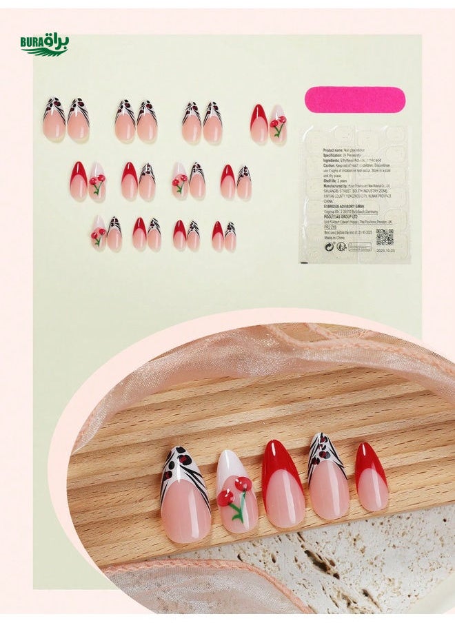 براق - 24pcs اللوز مطبعة على الأظافر الحد الأدنى من أظافر النمر الفرنسي الأحمر المزيف مع تصاميم الكرز ثلاثية الأبعاد يدويًا تغطية كاملة أظافر كاذبة للنساء والبنات اليومية - Image 1