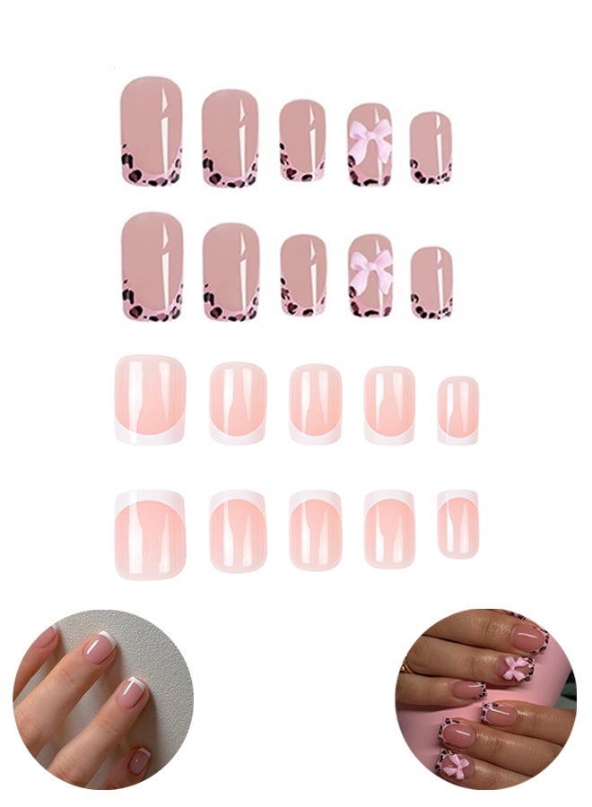 Lemon 2 Styles Press On Nails ,Simple And Elegant, Short French White Nail Art  and Short Press Leopard French Tip False Nails With Removable False Nail Art Patches, Glue on Nails Full Cover Stick on Nails - 48Pcs - Image 1