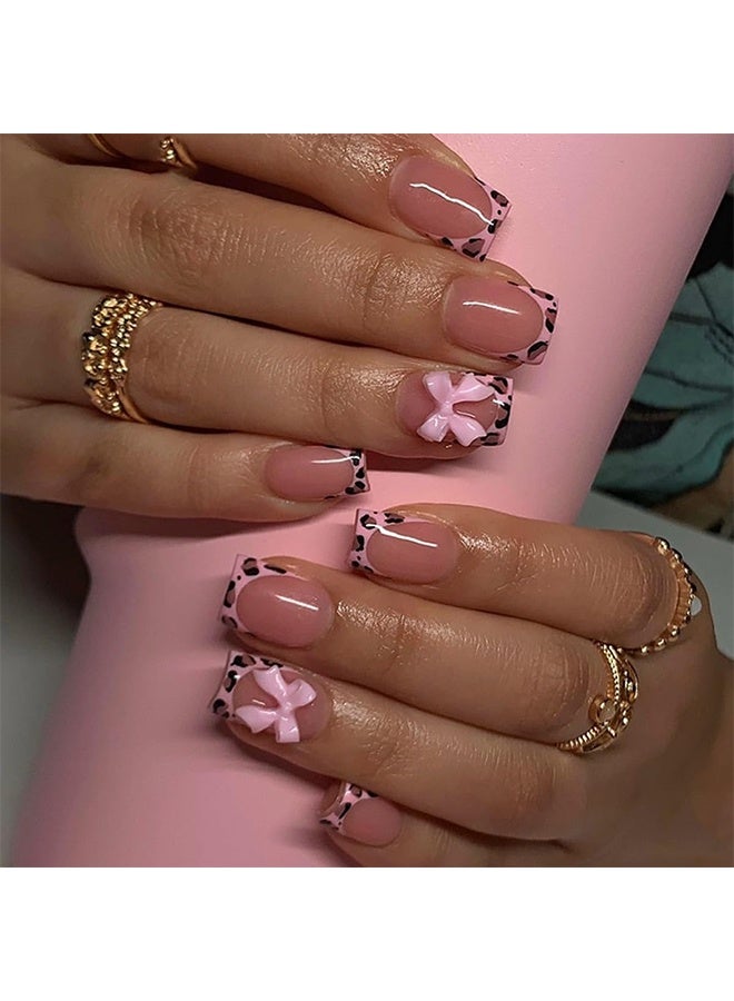 Lemon 2 Styles Press On Nails ,Simple And Elegant, Short French White Nail Art  and Short Press Leopard French Tip False Nails With Removable False Nail Art Patches, Glue on Nails Full Cover Stick on Nails - 48Pcs - Image 3