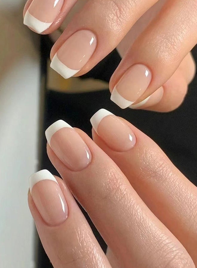 Lemon 2 Styles Press On Nails ,Simple And Elegant, Short French White Nail Art  and Short Press Leopard French Tip False Nails With Removable False Nail Art Patches, Glue on Nails Full Cover Stick on Nails - 48Pcs - Image 4