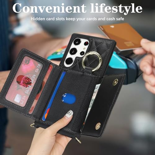 DEYHU for Galaxy S23 Ultra Case with Card Holder and Strap for Women,Crossbody Lanyard, Make Up Mirror,Ring Stand,Snap Clasp,Cute Phone Wallet Cases 6.8 inch - Black - Image 3