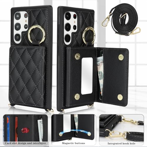 DEYHU for Galaxy S23 Ultra Case with Card Holder and Strap for Women,Crossbody Lanyard, Make Up Mirror,Ring Stand,Snap Clasp,Cute Phone Wallet Cases 6.8 inch - Black - Image 2